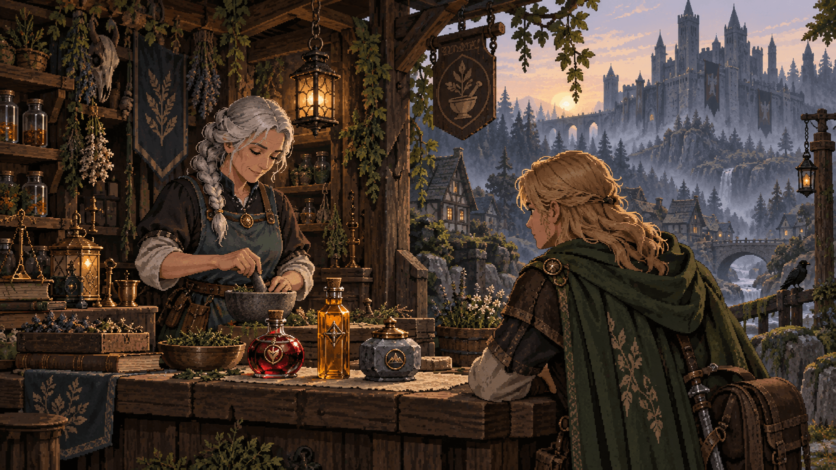 Iona, an older alchemist with a silver braid and teal apron, tends herbs and bottles in Robinville.