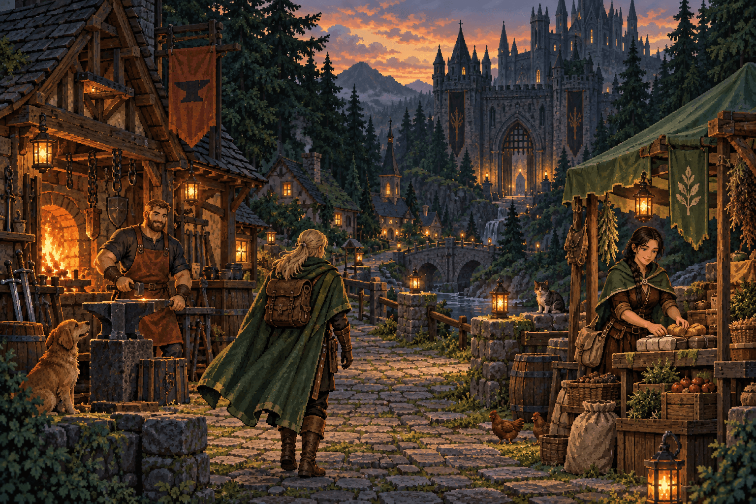 Rowan at his forge and Sable beside her provisions welcome the wanderer to a forest market beneath the castle.