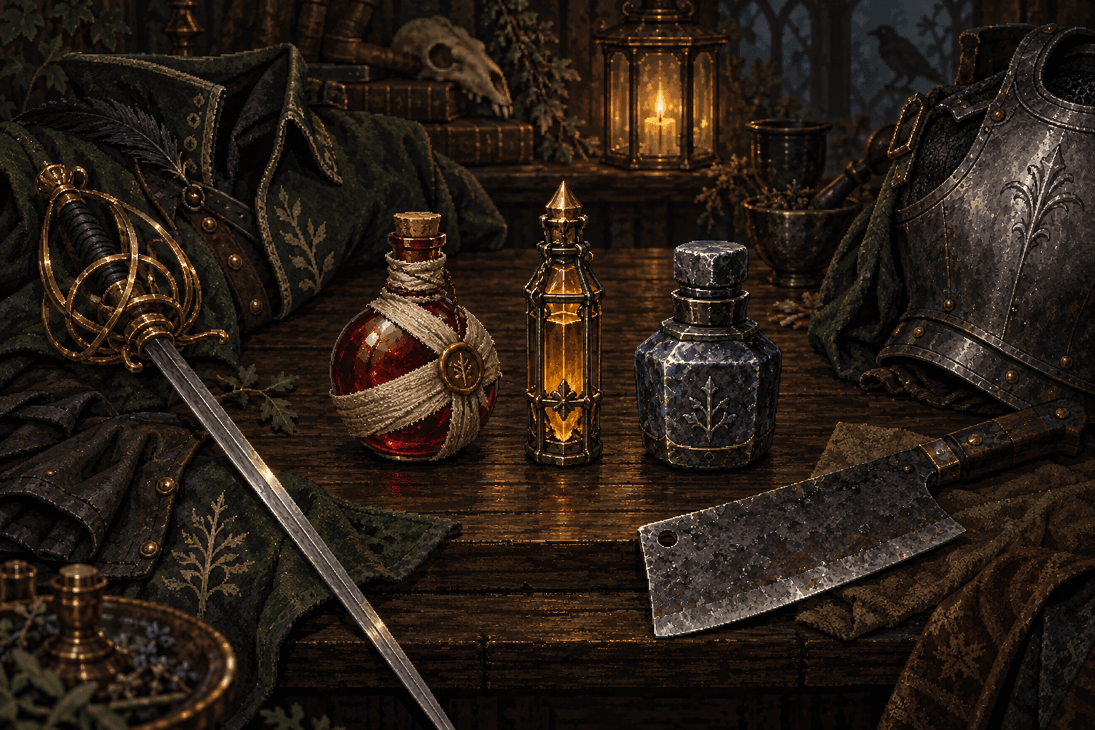 Run potions, gathered herbs, and equipment beside a castle cache.